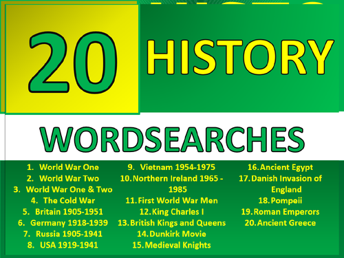 20 History Wordsearch Starter Activities KS3 GCSE Cover Homework Plenary Settler Wordsearches