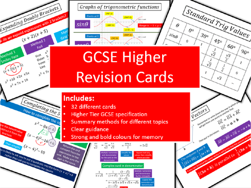 Higher Tier GCSE Mathematics Revision Cards | Teaching Resources