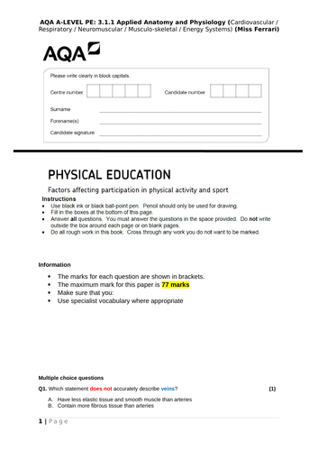 AQA A-Level PE Applied Anatomy & Physiology:  paper, mark scheme, FB sheet & teacher  tracking