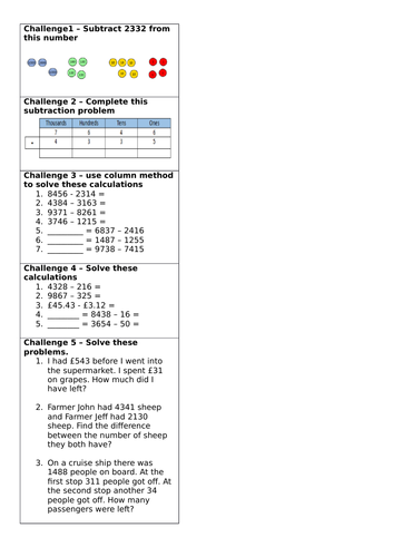 Y4 subtraction worksheet - Challenge strip