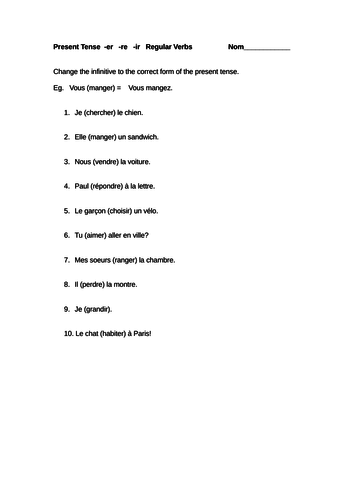 French Grammar Present Tense er ir re Verbs Teaching Resources