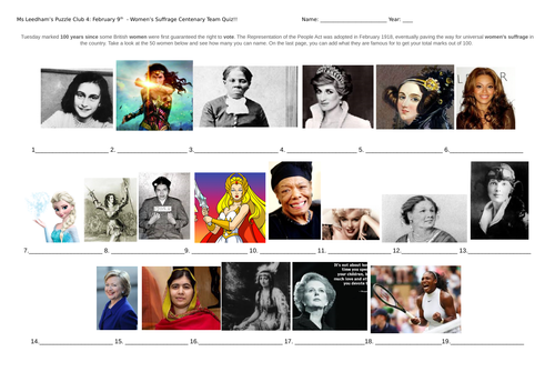 50 famous women team quiz to honour 100 years of suffrage.