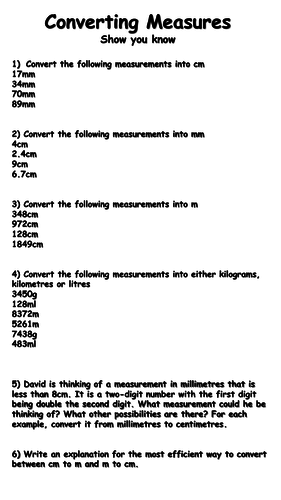 Converting Measures - Show you know quiz/ mini-assessment