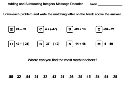 Adding and Subtracting Integers Activity: Math Message Decoder