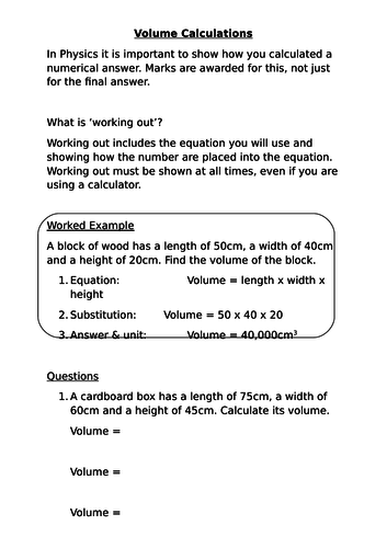 Volume worksheet inc. instructions