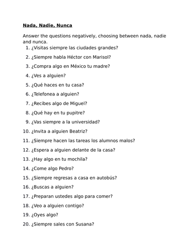 Nada Nadie Nunca Spanish Negatives Worksheet