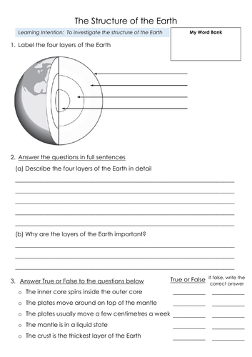 Structure Of The Earth Layers 3 Differentiated Worksheets Teaching Resources