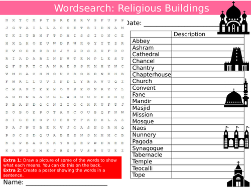 Religious Buildings Wordsearch Puzzle Sheet Keywords Settler Starter Cover Lesson RE Churches