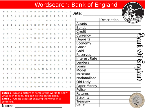 The Bank of England Wordsearch Puzzle Sheet Keywords Settler Starter Cover Lesson Business Banks