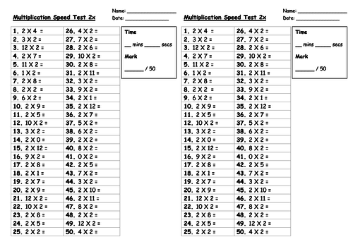 Times Table Tests 2x 12x Speed Tests Including Answer Sheets