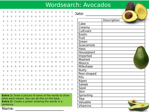Avocados Wordsearch Puzzle Sheet Keywords Settler Starter Cover Lesson Food Technology Fruit