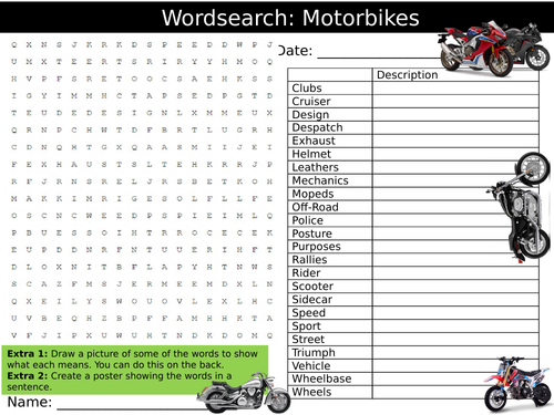 Motorbikes Wordsearch Puzzle Sheet Keywords Settler Starter Cover Lesson Transport Literacy