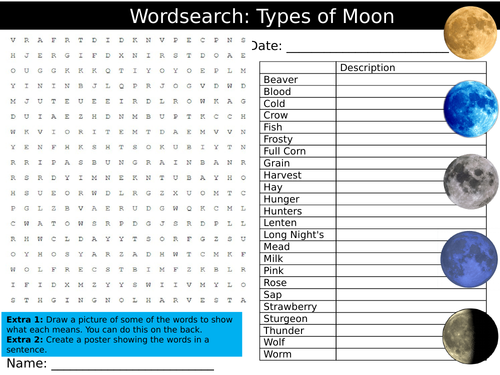 Types of Moon Wordsearch Puzzle Sheet Keywords Settler Starter Cover Lesson Physics Astronomy