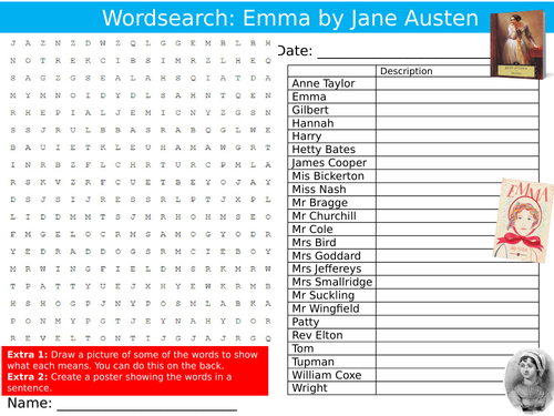Emma by Jane Austen Wordsearch Puzzle Sheet Keywords Settler Starter Cover Lesson Literature