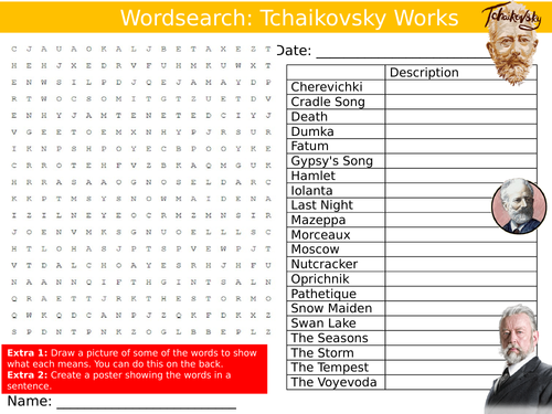 Tchaikovsky Works Wordsearch Puzzle Sheet Keywords Settler Starter Cover Lesson Music Composers