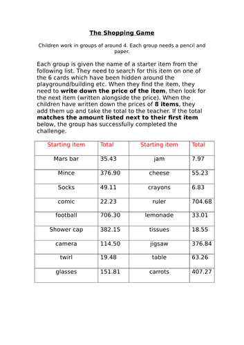 The Shopping Game - Fun maths-based whole-class challenge, can be used for Maths or PE OAA lessons