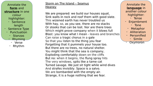 Storm on the Island Poem - Quick activity