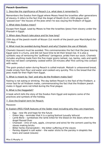 Judaism Festivals Task Booklet