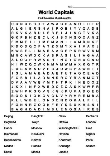 Capital Cities - Wordsearch and Crossword - Worksheet