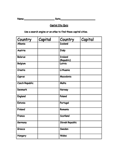 Capital City - Quiz and Answers - Worksheet