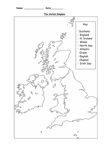 Map of United Kingdom (UK) - Label Countries and Seas - Worksheet