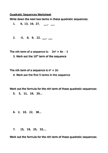 quadratic sequences worksheet or test with answers teaching resources