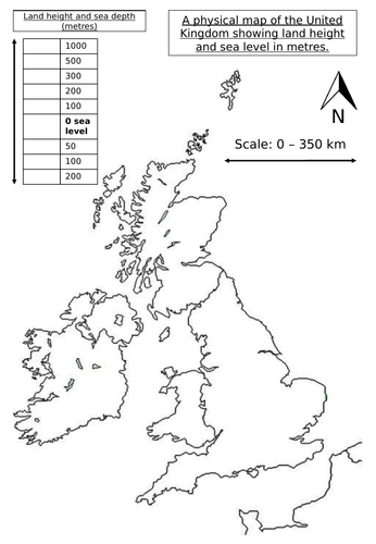 UK map. Land height, elevation, sea level