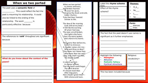 Love and relationships knowledge organiser/ analysis placemat bundle