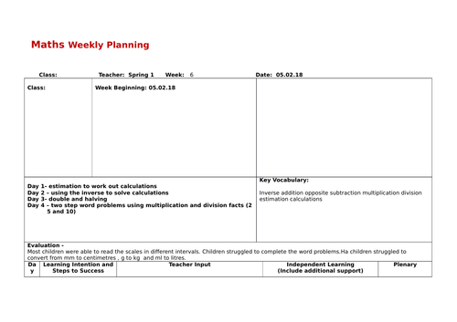 Maths weekly plan target ITF framework year 2