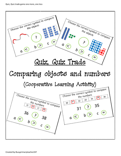 Year1 Quiz, Quiz, Trade Cooperative Learning activity based on comparing numbers and objects to 50