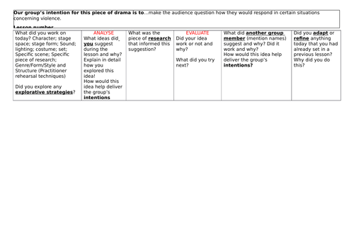 A log book for pupils to fill in throughout their C1 devising process.