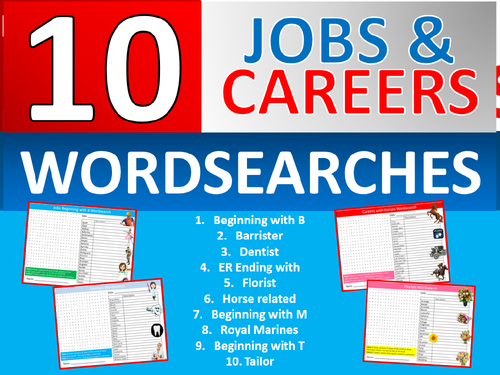 10 Careers Jobs Wordsearch Starter Activities KS3 GCSE Cover Homework Plenary Settler PSHE Planning