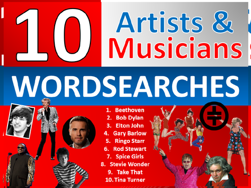 10 Musicians & Artists Wordsearch Starter Activities KS3 GCSE Cover Homework Plenary Settler Music