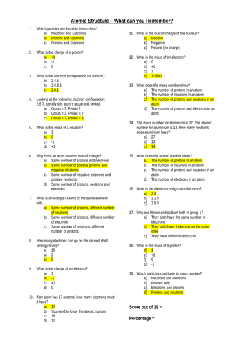 Knowledge Test - Atomic Structure - Multiple Choice