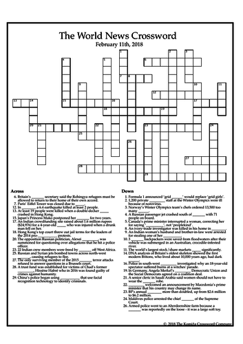 The World News Crossword - February 11th, 2018