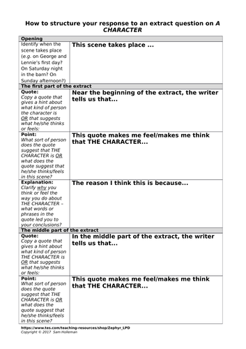 Extract question (lit exam) focused on a character - general planning grid