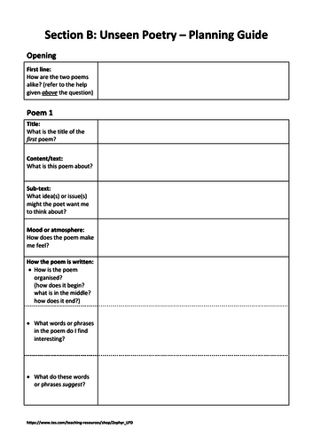 Unseen Poetry - Response Planning Sheet