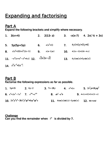 Expanding brackets and factorising worksheet pdf picture