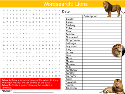 Lions Wordsearch Puzzle Sheet Keywords Settler Starter Cover Lesson Animals Big Cats