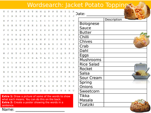 Jacket Potato Toppings Wordsearch Puzzle Sheet Keywords Settler Starter Cover Lesson Food Technology