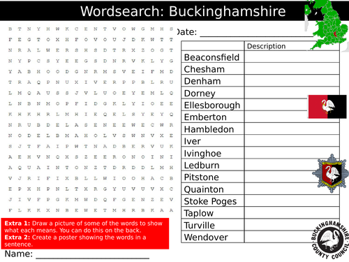 Buckinghamshire Wordsearch Puzzle Sheet Keywords Settler Starter Cover Lesson Geography Counties