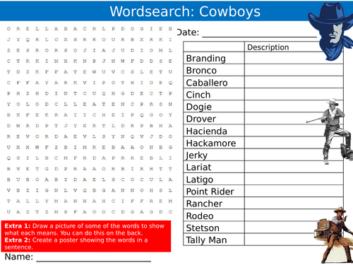 Cowboys Wordsearch Puzzle Sheet Keywords Settler Starter Cover Lesson American History