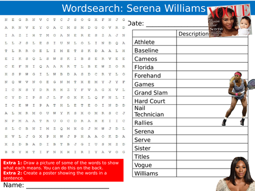 Serena Williams Wordsearch Puzzle Sheet Keywords Settler Starter Cover Lesson Female Sports Star