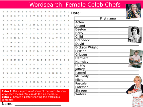 Female Celebrity Chefs Wordsearch Puzzle Sheet Keywords Settler Starter Cover Lesson Food Technology