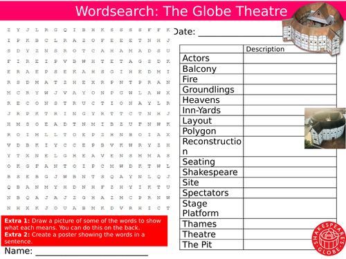 The Globe Theatre Wordsearch Puzzle Sheet Keywords Settler Starter Cover Lesson Shakespeare