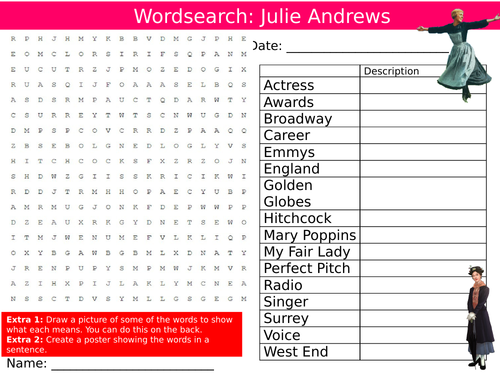 Julie Andrews Wordsearch Puzzle Sheet Keywords Settler Starter Cover Lesson Famous Actor