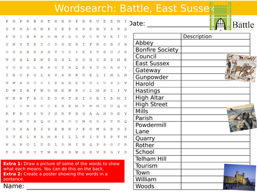 Battle East Sussex Wordsearch Puzzle Sheet Keywords Settler Starter Cover Lesson History