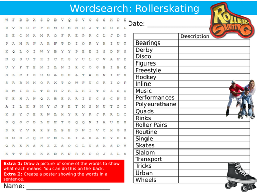 Rollerskating Wordsearch Puzzle Sheet Keywords Settler Starter Cover Lesson Sport Skating PE