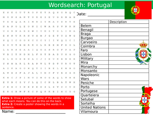 Portugal Wordsearch Puzzle Sheet Keywords Settler Starter Cover Lesson Country Geography