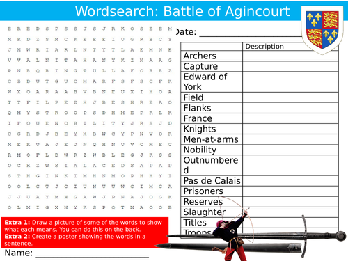 The Battle of Agincourt Wordsearch Puzzle Sheet Keywords Settler Starter Cover Lesson History
